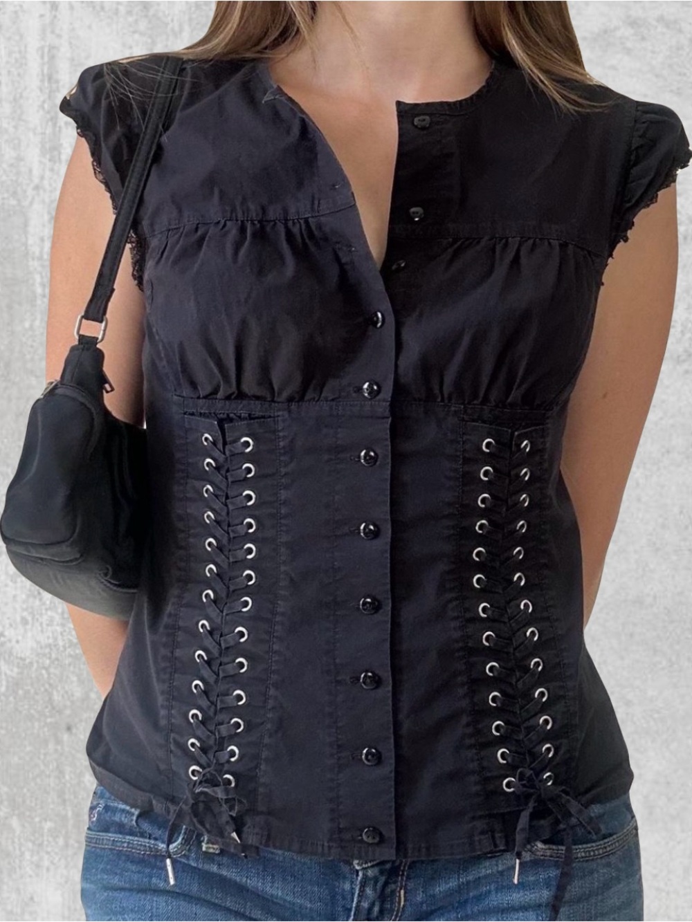 Vintage Moda Black Lace-Up Button Front Cap Sleeve Top